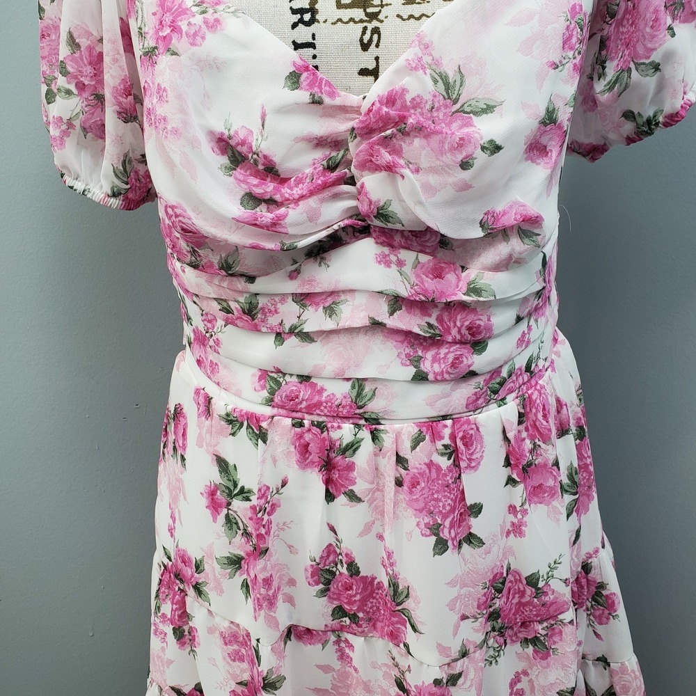 B. Smart Mini Dress Womens 9 Multi Floral Tie Back Puff Sleeve Sweetheart Neck - Picture 8 of 14